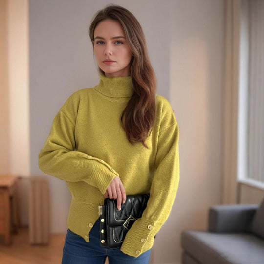 Damen modischer Rollkragenpullover mit Knopfdetails und asymmetrischem Saum EB