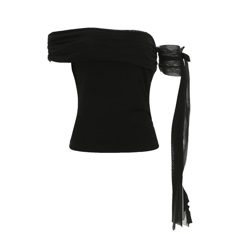 Damen Off-Shoulder Oberteil mit Rüschendetails und transparentem Ärmel EB