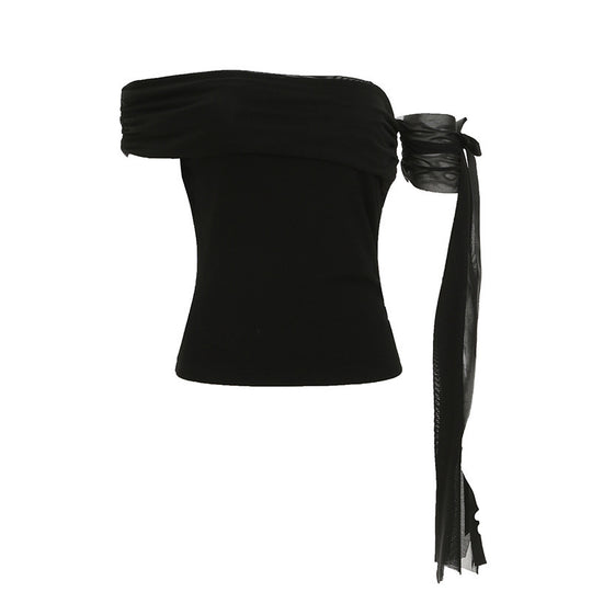 Damen Off-Shoulder Oberteil mit Rüschendetails und transparentem Ärmel EB
