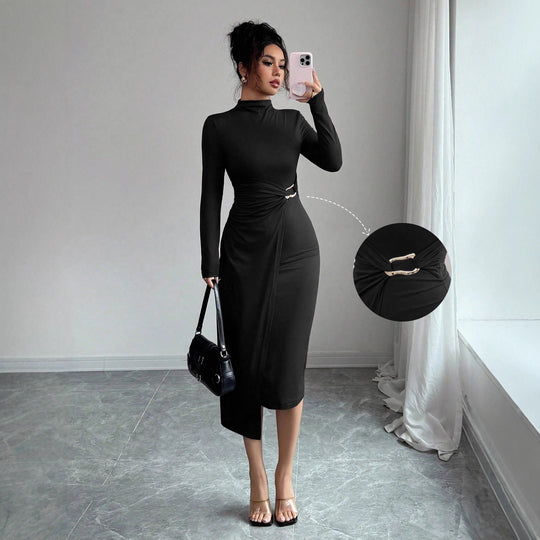 Damen nan figurbetontes Midikleid mit Stehkragen, Taillenraffung und asymmetrischem Saum EB