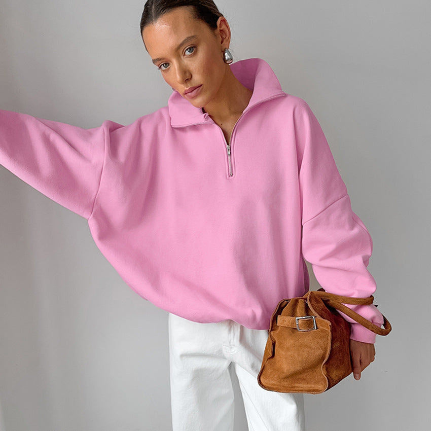 Damen lässiger Oversized Pullover mit Reißverschluss EB