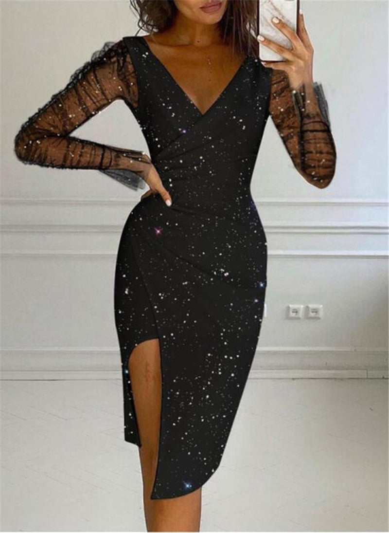 Damen elegantes Abendkleid mit transparenten Ärmeln und seitlichem Schlitz EB