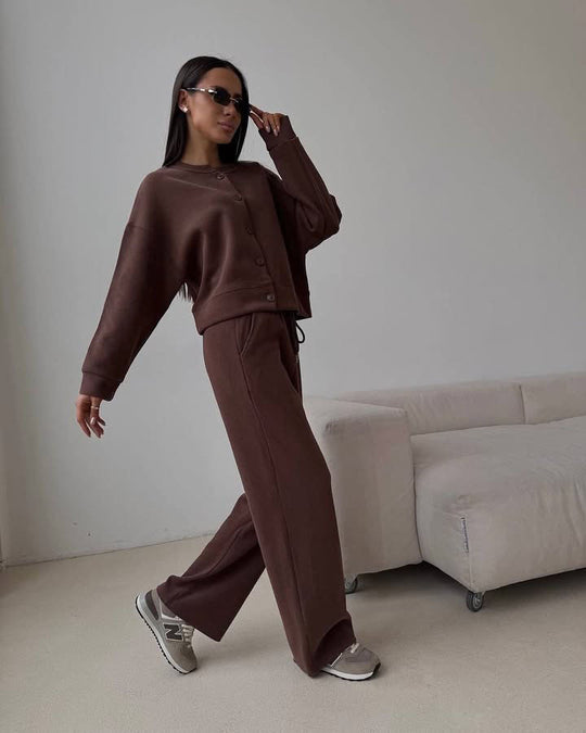 Damen Zweiteiliges Loungewear-Set aus Sweat mit geknöpfter Cropped-Jacke und weiter Kordelzughose EB