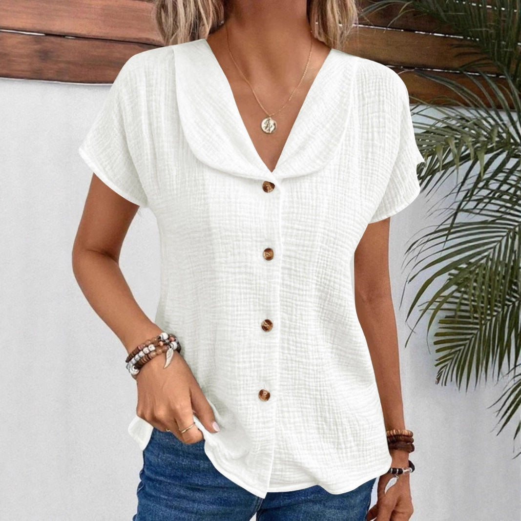 Damen Blusenshirt mit stilvollem Schalkragen und dekorativen Knopfdetails EB