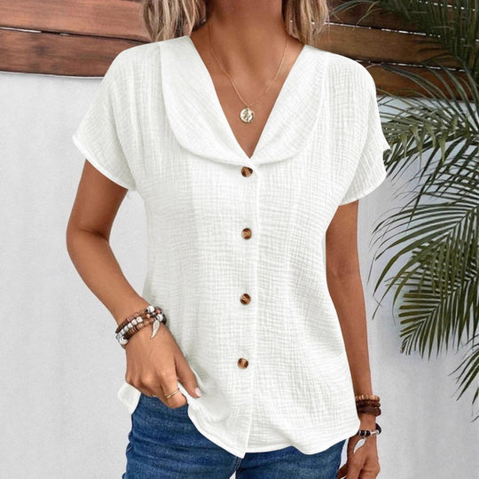 Damen Blusenshirt mit stilvollem Schalkragen und dekorativen Knopfdetails EB