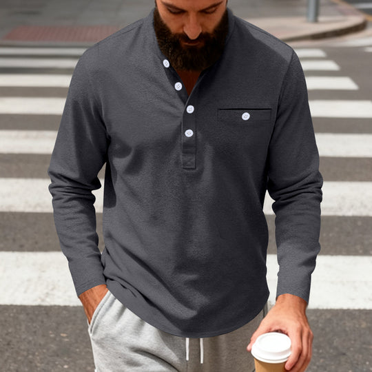 Herren nan langärmeliges Henley-Shirt mit Stehkragen, Brusttasche und dekorativer Knopfleiste EB