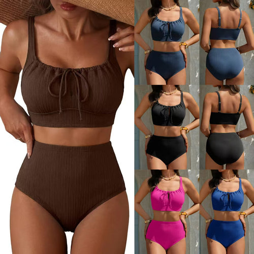 Damen Hochgeschnittener Bikini mit gerafftem Oberteil EB