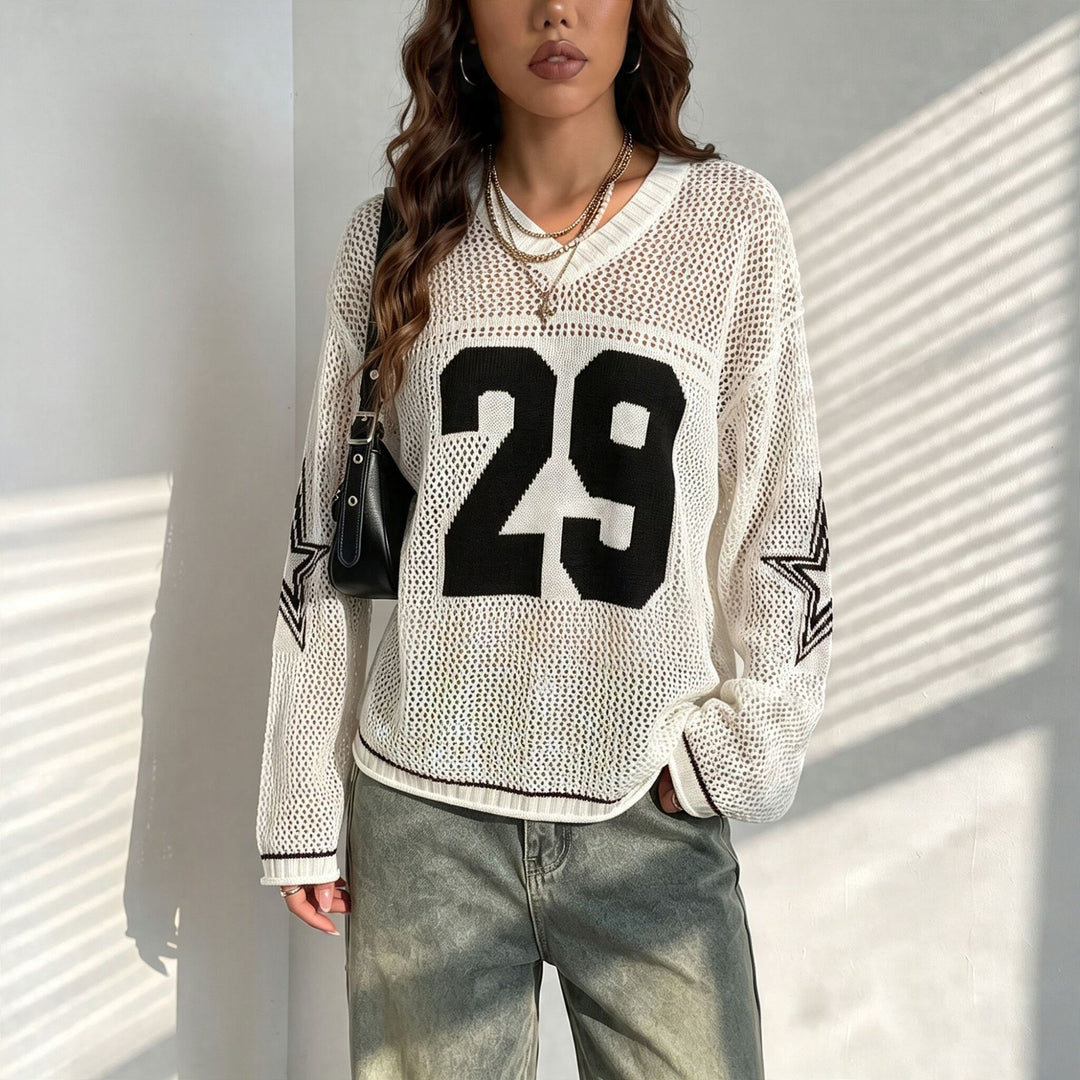 Damen Oversize Netz-Strick Cropped Pullover mit V-Ausschnitt EB