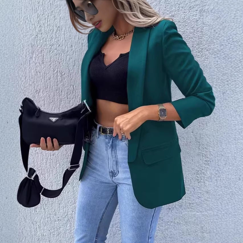 Damen Kariierter Longblazer mit legerer Passform, aufgesetzten Taschen und Dreiviertelärmeln EB