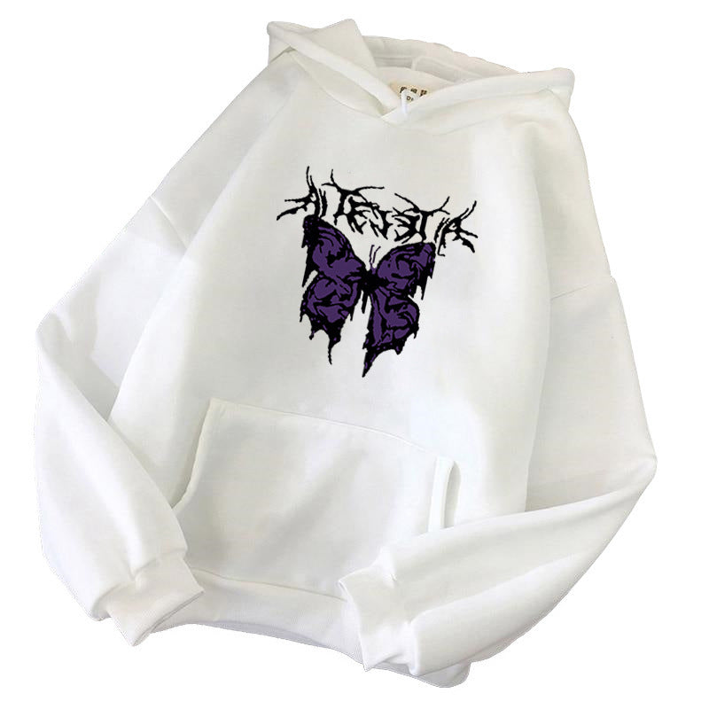 Damen nan Oversize-Kapuzenpullover mit gothischer Schmetterlings-Illustration und Kängurutasche EB