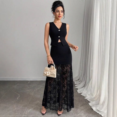 Damen nan zweiteiliges Abend-Set mit taillierter Weste und bodenlangem Spitzen-Overlay-Rock EB