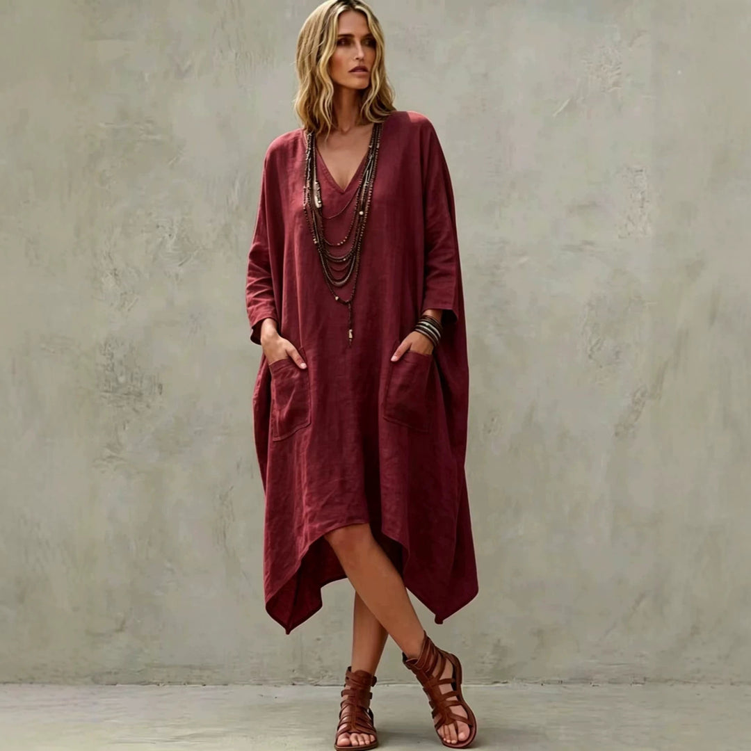 Damen nan Oversize Kaftankleid mit V-Ausschnitt, Eingrifftaschen und asymmetrischem Saum EB