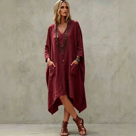 Damen nan Oversize Kaftankleid mit V-Ausschnitt, Eingrifftaschen und asymmetrischem Saum EB