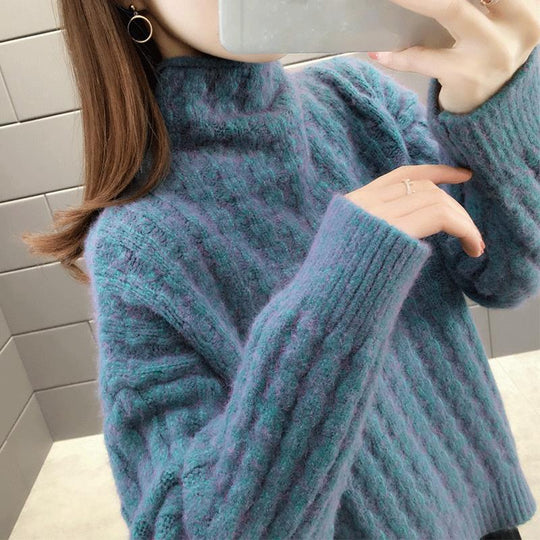 Damen Strickpullover im modernen Rippdesign mit hohem Kragen und lässigen Ärmeln EB