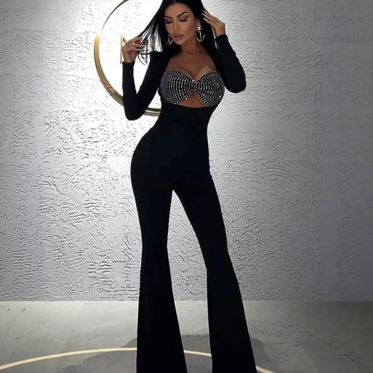 Damen Glamouröses Jumpsuit mit funkelnden Strassdetails und figurbetontem Schnitt EB