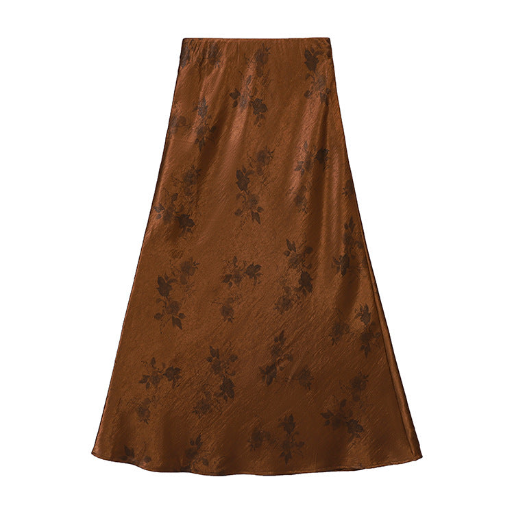 Damen  taillenhoher A-Linien-Midirock aus jacquardähnischem Satin mit floralem Relief EB