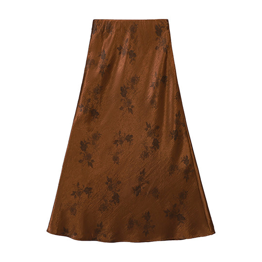 Damen  taillenhoher A-Linien-Midirock aus jacquardähnischem Satin mit floralem Relief EB
