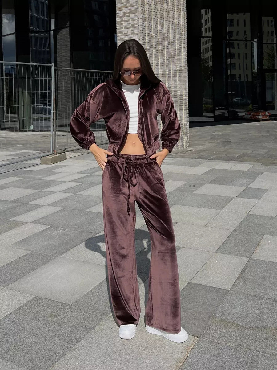 Damen weiches Velours-Lounge-Set mit kurzer Reißverschluss-Kapuzenjacke und weiter High-Waist-Hose EB