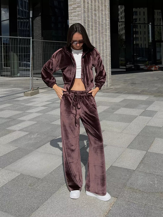 Damen weiches Velours-Lounge-Set mit kurzer Reißverschluss-Kapuzenjacke und weiter High-Waist-Hose EB
