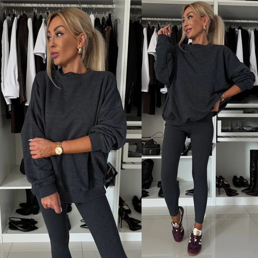 Damen zweiteiliges Lounge-Set mit oversized Sweatshirt und enganliegender Rippleggings EB