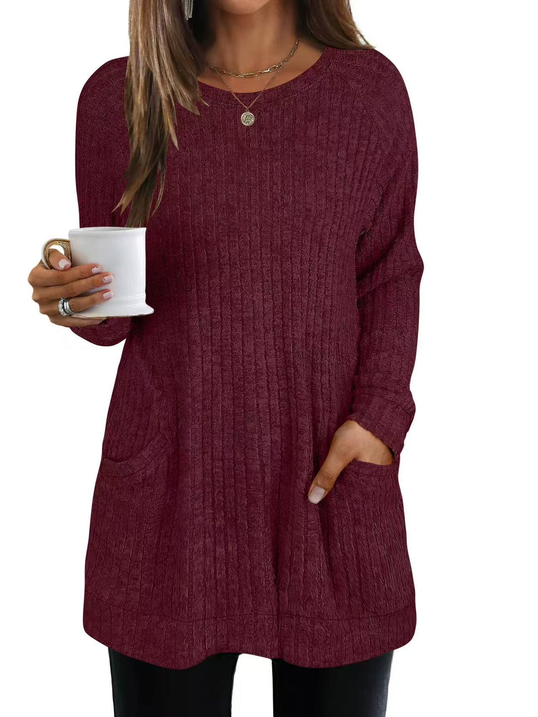 Damen lässiger Strickpullover mit seitlichen Eingrifftaschen und Rippenstruktur EB