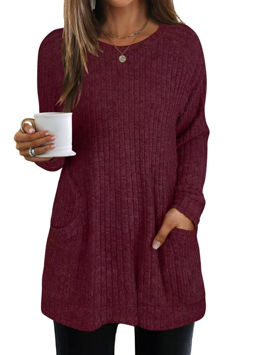 Damen lässiger Strickpullover mit seitlichen Eingrifftaschen und Rippenstruktur EB