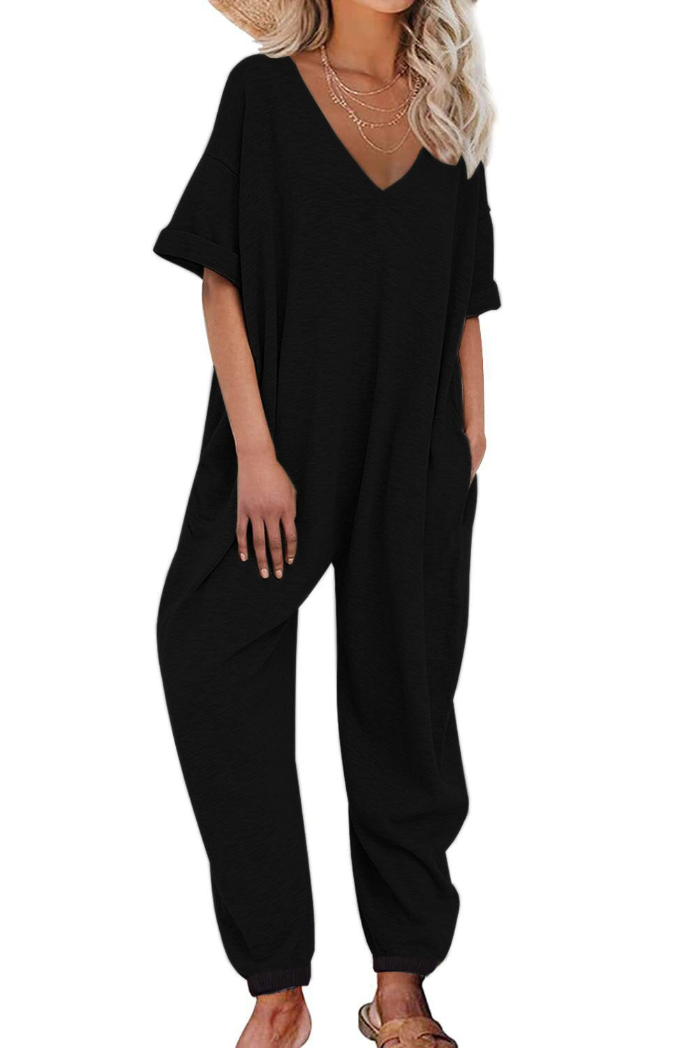 Damen Oversized Jumpsuit mit tiefem V-Ausschnitt und lässigen Taschen EB