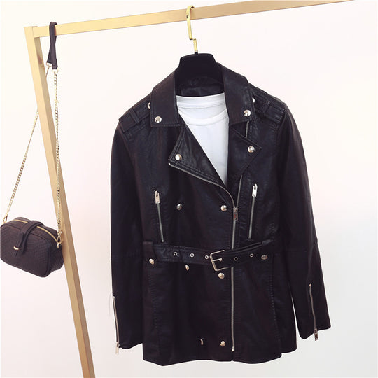 Damen zeitlose Bikerjacke aus Kunstleder mit Gürtel und Reißverschlussdetails EB
