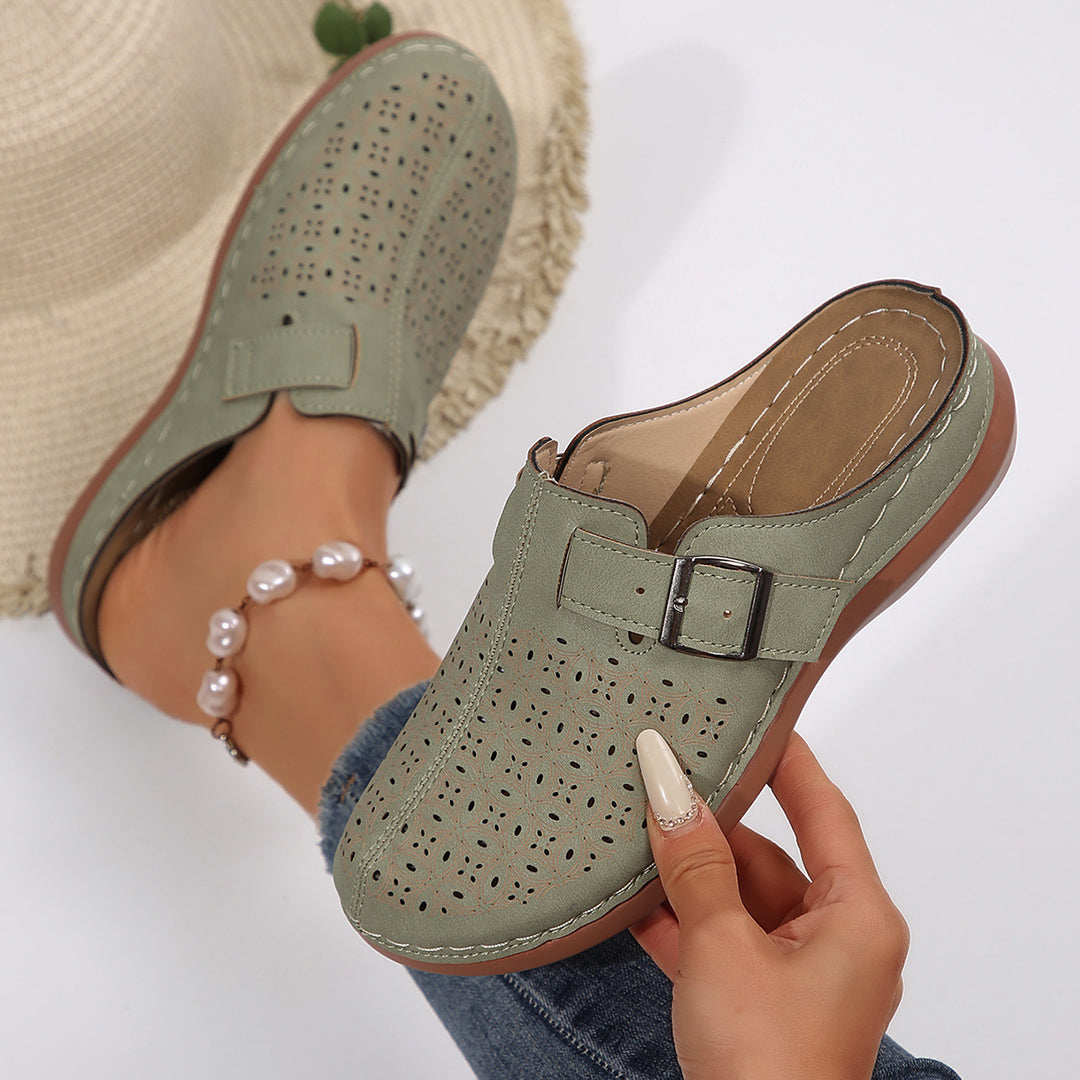 Damen Clogs mit eleganten Lochmuster und verstellbarem Riemen EB