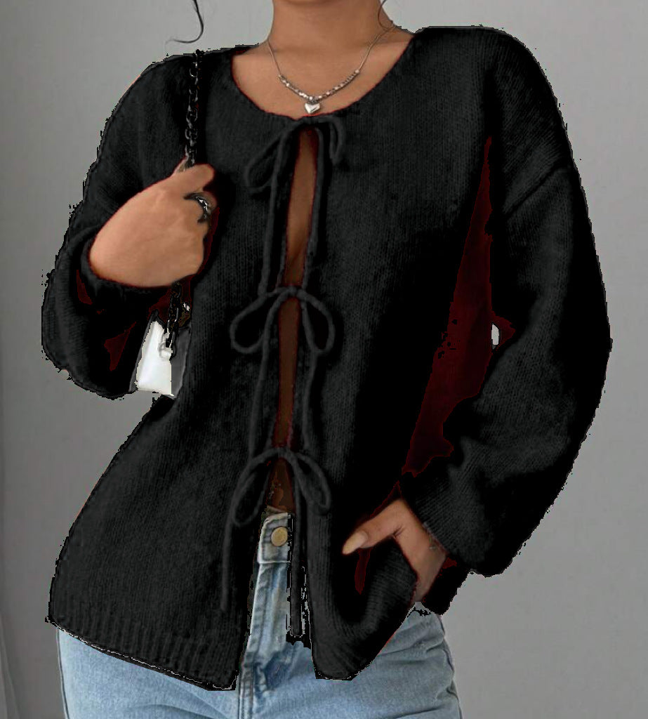 Damen Oversized Strickpullover mit dekorativem Schnürdetail EB