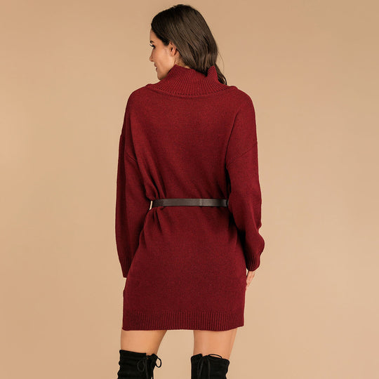 Damen Strickkleid mit hohem Kragen und seitlichen Schlitzen EB