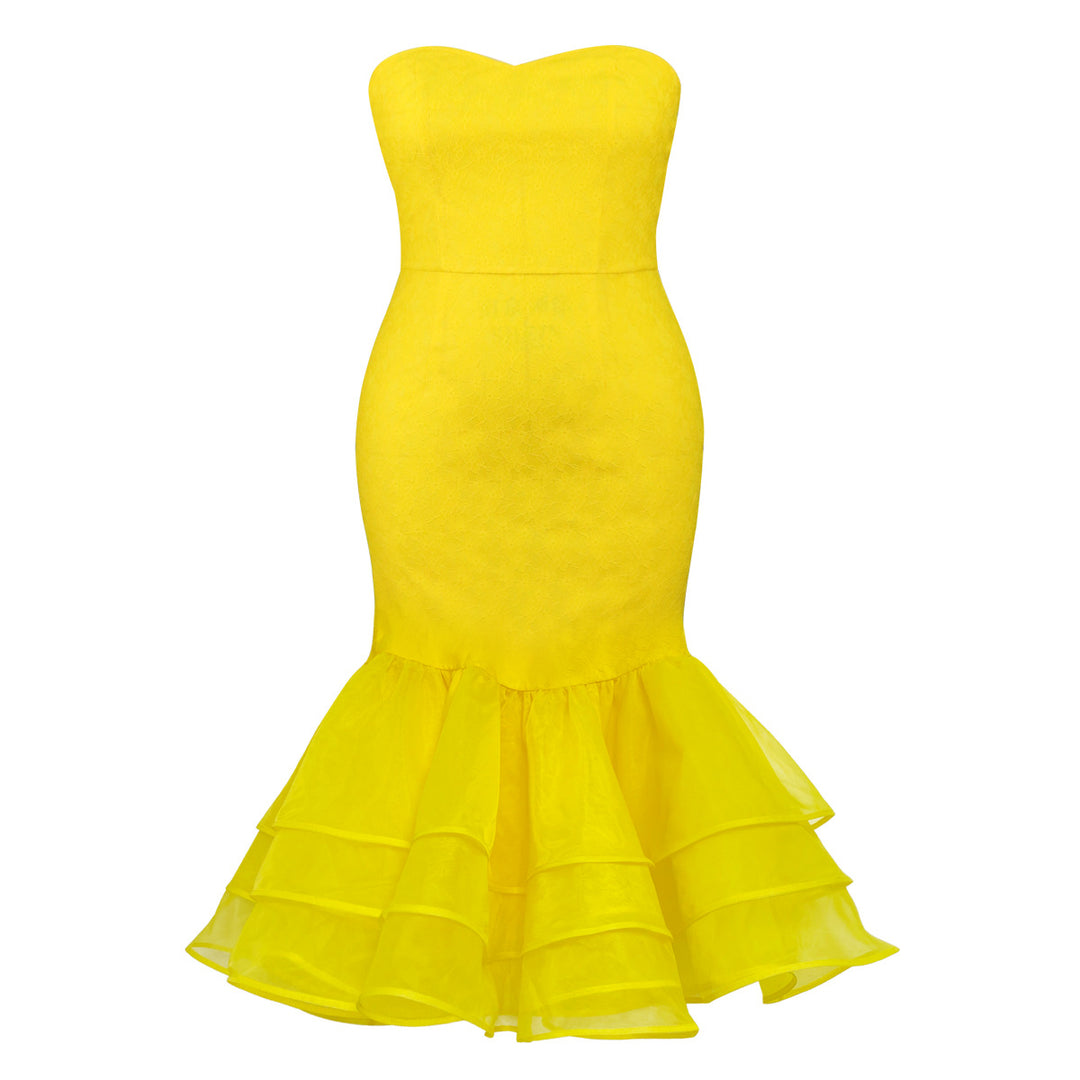 Damen Abendkleid mit schulterfreiem Oberteil und voluminösem Volantsaum EB