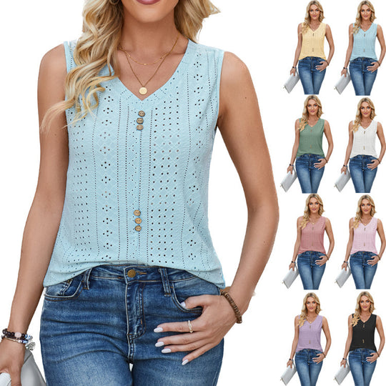 Damen ärmelloses Blusenshirt mit Knopfdetails und romantischem Lochmuster EB