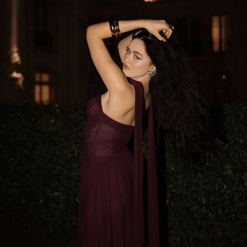 Damen Elegantes Maxi-Kleid mit fließendem Rock und geschmackvoller Chiffon-Schärpe EB
