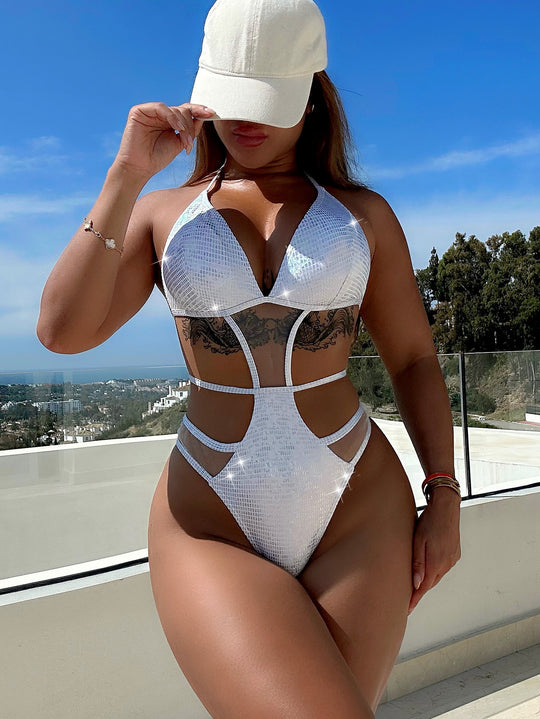 Damen Cut-Out Triangel-Bikini-Set mit transparenten Einsätzen EB