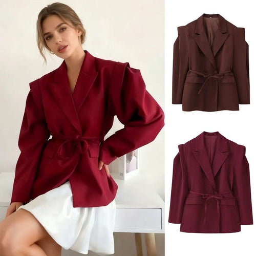 Damen nan taillierter Blazer mit Bindegürtel, Reverskragen und Schulterpolstern EB