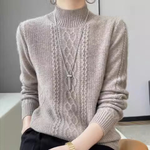 Damen Strickpullover mit elegantem Zopfmuster und hoch geschlossenem Kragen EB