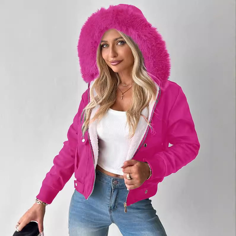 Damen Kurzblouson Winterjacke mit Teddyfutter und abnehmbarer Kunstfellkapuze EB