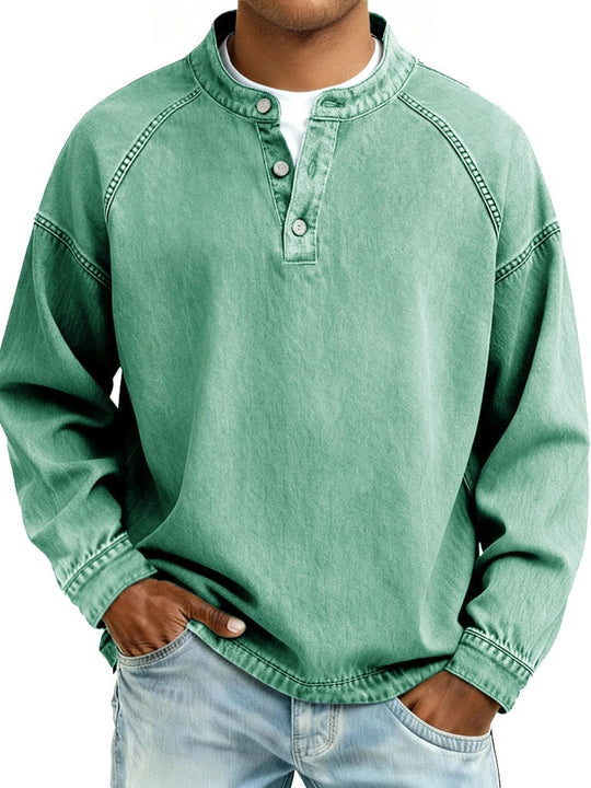 Herren nan verwaschenes Henley-Shirt mit Stehkragen, lockerer Passform und Knopfleiste EB