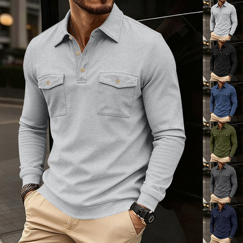 Herren nan figurbetontes Langarm-Poloshirt mit Hemdkragen und aufgesetzten Brustklappen EB