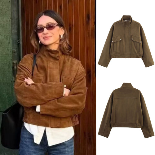 Damen nan kurze Oversize-Jacke in Wildlederoptik mit Stehkragen, aufgesetzten Pattentaschen und elastischem Bund EB
