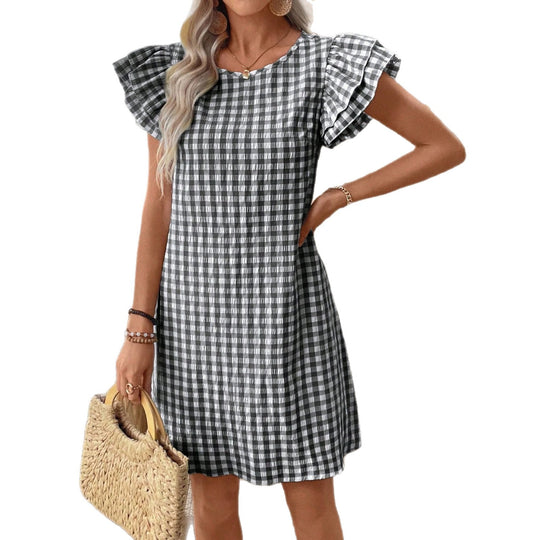 Damen Kurzarmkleid im modernen Vichy-Design mit Rüschendetails EB