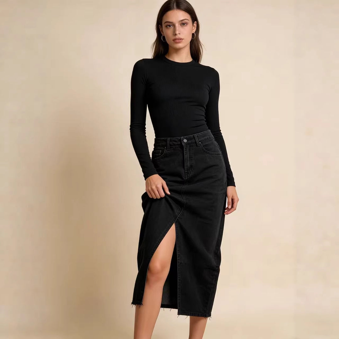 Damen Midi-Denim-Rock mit hohem Schlitz und fransigem Saum EB