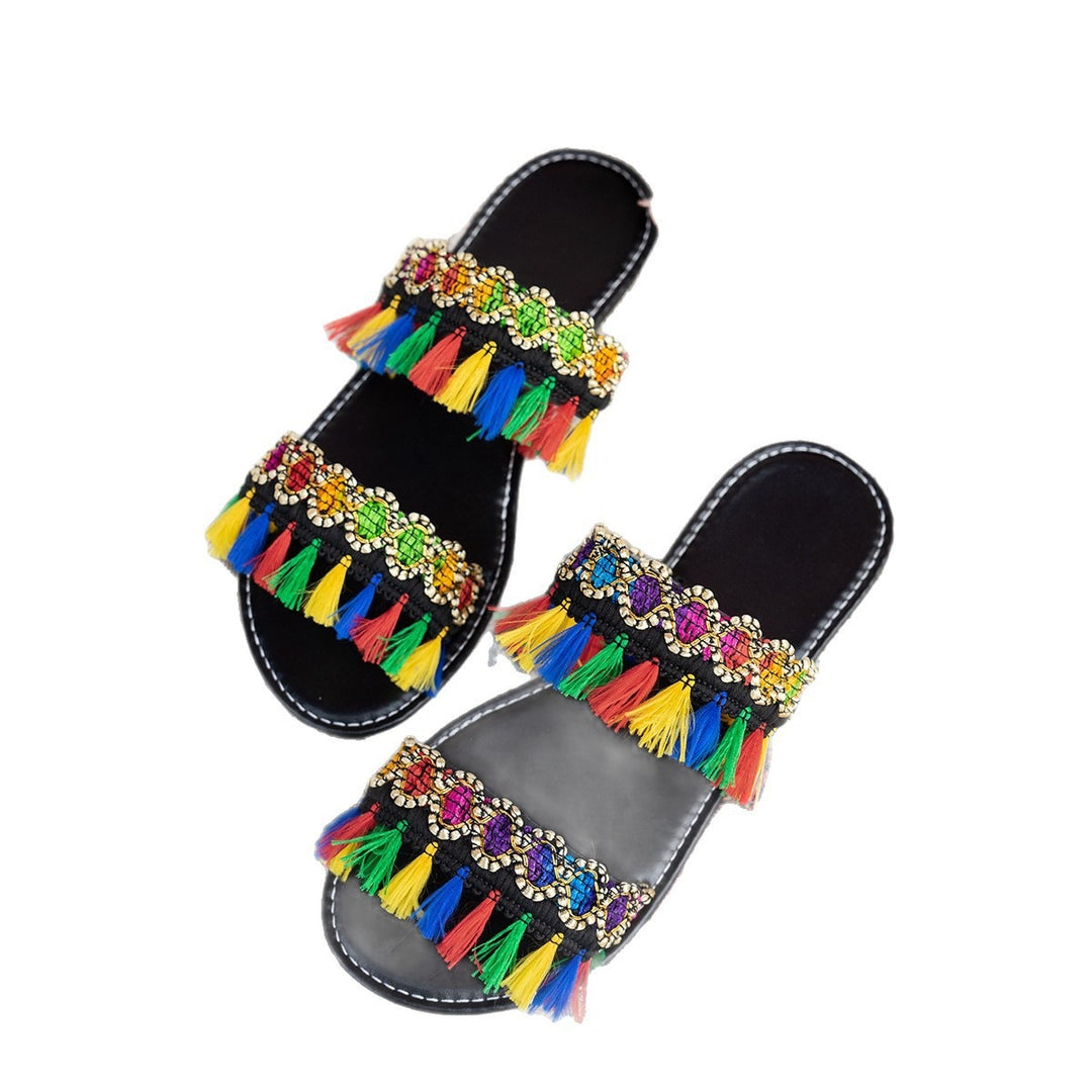 Damen Bunte Badeschuhe mit auffälligen Quasten und Schmuckverzierung EB