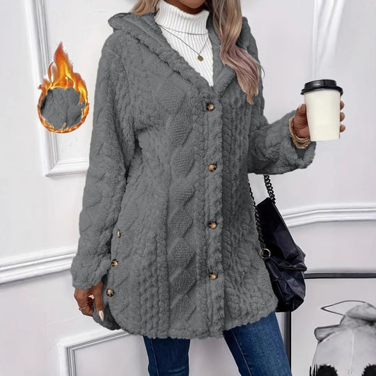 Damen kuscheliger Oversized-Mantel mit Kapuze und Knopfleiste EB