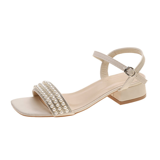 Damen elegante Sandalen mit Perlenverzierung und niedrigem Blockabsatz EB