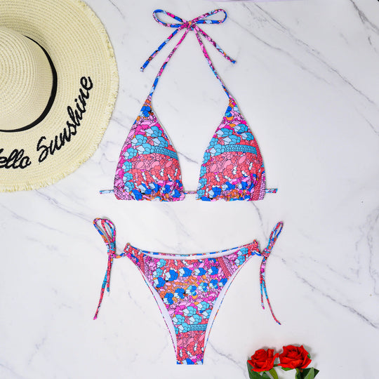 Damen Triangel-Bikini mit verspieltem floralem Muster und verstellbaren Bändern EB