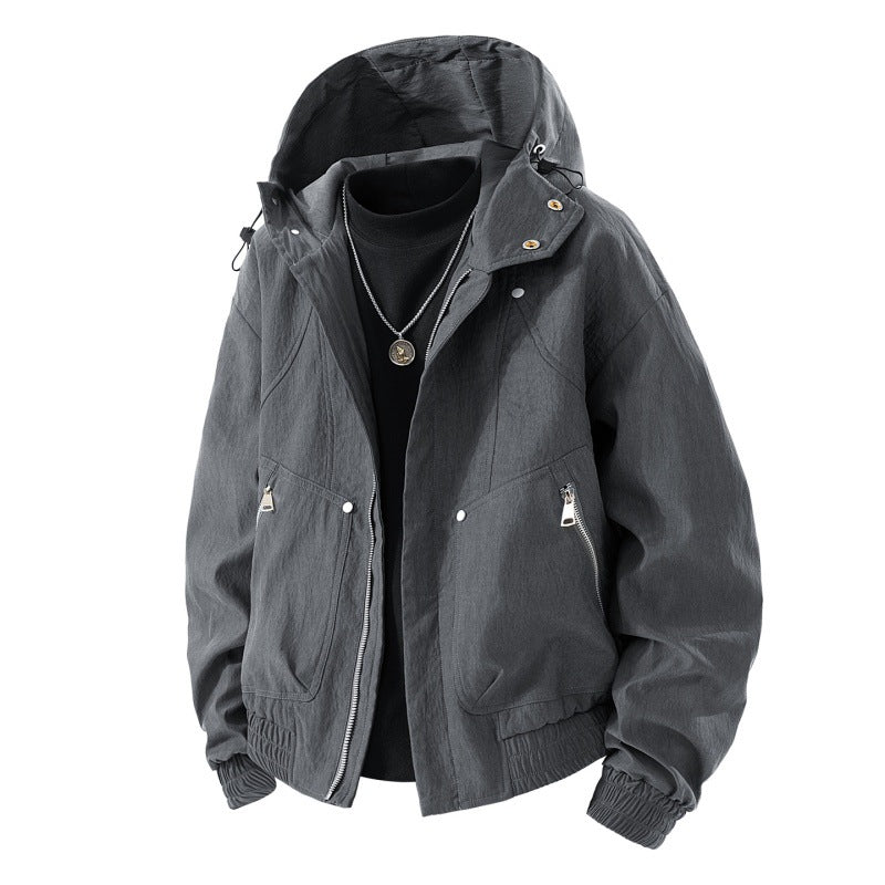 Herren leichte Utility-Kapuzenjacke mit verstaubarer Kapuze, wasserabweisender Beschichtung, Reißverschlusstaschen und elastischen Bündchen EB