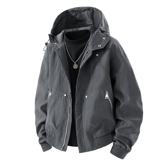 Herren leichte Utility-Kapuzenjacke mit verstaubarer Kapuze, wasserabweisender Beschichtung, Reißverschlusstaschen und elastischen Bündchen EB