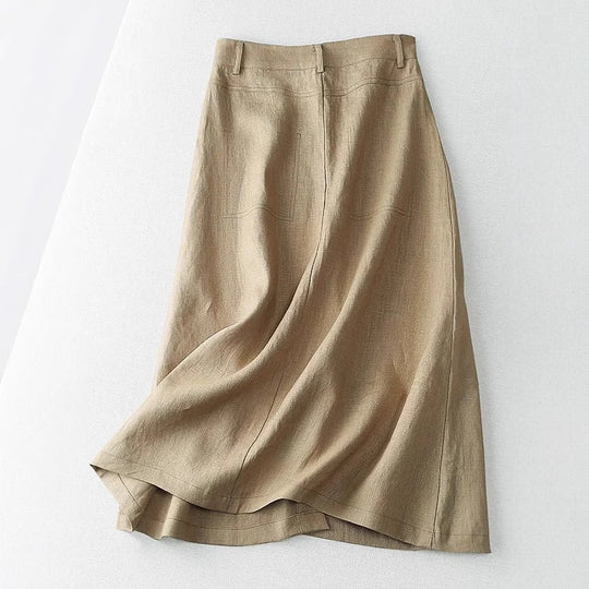 Damen Langer Leinenrock mit Knopfdetails und Taschen EB